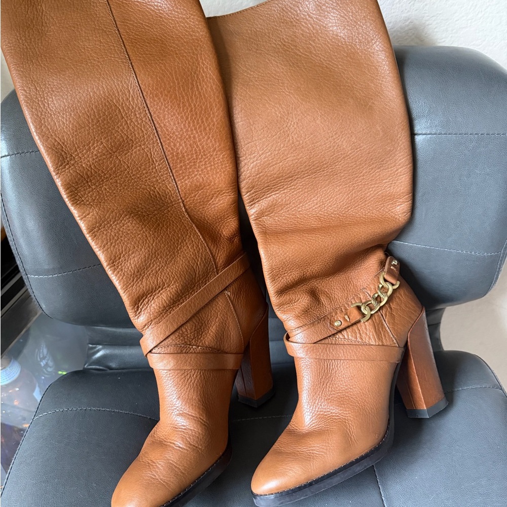 kate spade Brown Leather Knee-High Heeled Boots with Gold Chain Accent